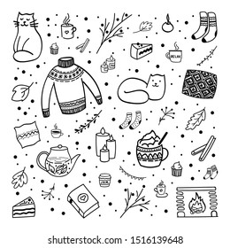 Cute vector illustration of autumn and winter hygge elements. Isolated on white background. Scandinavian style