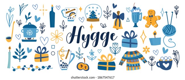 Cute vector illustration of autumn and winter hygge elements Isolated on white background. Motivational hygge typography text. Scandinavian style.