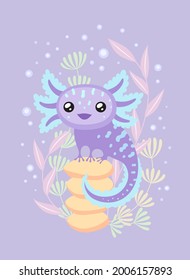 Cute vector illustration of the axolotl sitting on the stones.