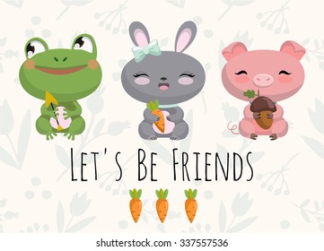Cute vector illustration with baby animals on cream background. Little frog, pig and bunny. Let's be friends.