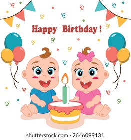 Ilustração de vetor bonito de gêmeos do bebê e da menina comemorando seu primeiro aniversário. As crianças com desenhos animados sentam-se com um bolo coberto por uma única vela, rodeadas por balões coloridos, bunting e confe