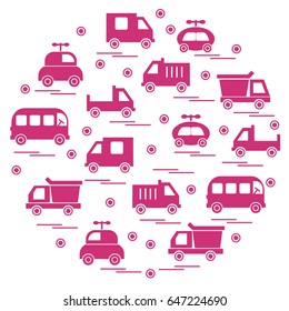 Cute vector illustration with baby cars arranged in a circle. Design for poster or print.