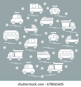 Cute vector illustration with baby cars arranged in a circle. Design for poster or print.
