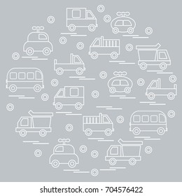 Cute vector illustration with baby cars arranged in a circle. Design for poster or print.