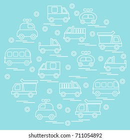 Cute vector illustration with baby cars arranged in a circle. Design for poster or print.