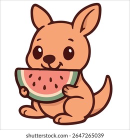 Ilustração de vetor bonito de um canguru bebê alegremente comendo uma fatia de melancia