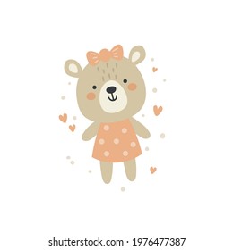 cute vector illustration of baby lady bear in dress, funny clipart for kids