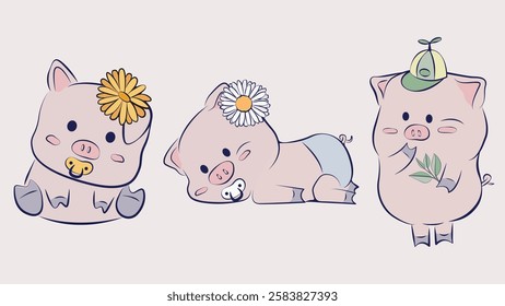 Cute vector illustration of baby piglets. The piglets symbolize  little children. Perfect for kids' designs, prints, logos, cosmetics, books, posters and nursery themes