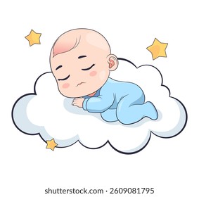 Cute vector illustration of a baby sleeping peacefully on a soft cloud with stars around. Perfect for baby shower invitations, nursery decorations, or children's products