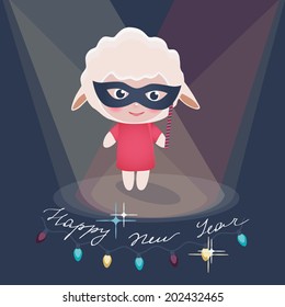 Cute vector illustration of a baby wearing a sheep costume at a Christmas pantomime standing under a Christmas tree decorated with ornaments and lights