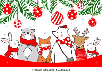 Cute vector illustration background of animal in Happy Merry Christmas holiday with bear, rabbit, fox, deer. Draw doodle style.