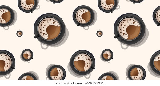 A cute vector illustration of a background featuring brewed coffee with foam served in a cup on a saucer, viewed from above. Classic seamless pattern design with hot coffee pattern