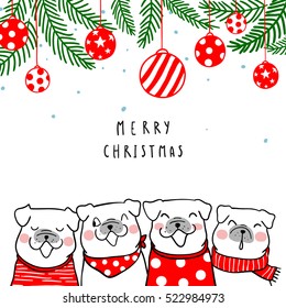 Cuta ilustración de fondo de la tarjeta de saludo Feliz Navidad con pug perro cantando en invierno. Estilo Doodle.