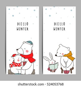 Cute vector illustration background greeting card of winter with cute bear and rabbit.Doodle cartoon style.