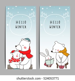 Cute vector illustration background greeting card of hello winter with cute bear and rabbit.Doodle cartoon style.