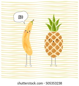 Cute vector illustration with banana and pineapple. Kid design.