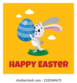Cute Vector illustration, banner, poster, greeting card of easter bunny is holding painted easter egg. Character, mascot design of easter rabbit, bunny.
