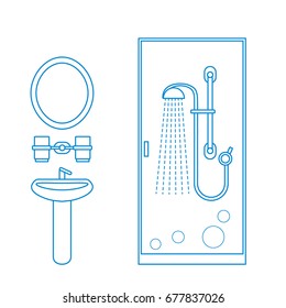 Cute vector illustration of bathroom interior design: shower cabin, washbasin, mirror and other. Design for poster or print.