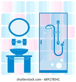 Cute vector illustration of bathroom interior design: shower cabin, washbasin, mirror and other. Design for poster or print.