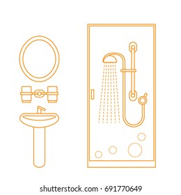 Cute vector illustration of bathroom interior design: shower cabin, washbasin, mirror and other. Design for poster or print.