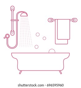 Cute vector illustration of  bathroom interior design: shower, bath, soap bubbles,  towel hanging on holders. Design for poster or print.