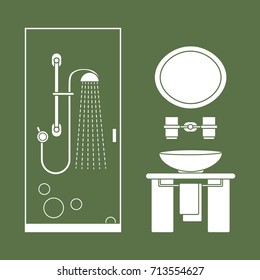 Cute vector illustration of bathroom interior design: shower cabin, washbasin, towel, mirror and other. Design for poster or print.