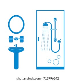 Cute vector illustration of bathroom interior design: shower cabin, washbasin, mirror and other. Design for poster or print.