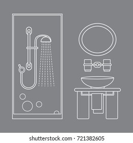 Cute vector illustration of bathroom interior design: shower cabin, washbasin, towel, mirror and other. Design for poster or print.