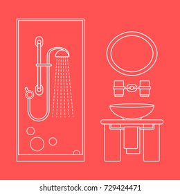 Cute vector illustration of bathroom interior design: shower cabin, washbasin, towel, mirror and other. Design for poster or print.