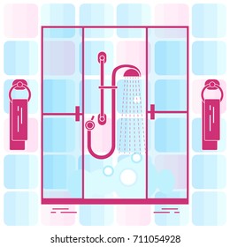 Cute vector illustration of  bathroom: shower cabin, shower, soap bubbles, steam, towel hanging on holders, bathroom tiles. Design for poster or print.