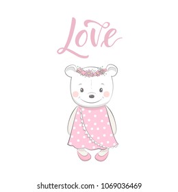 Cute vector illustration with bear baby for baby wear and invitation card with phrase "Love".