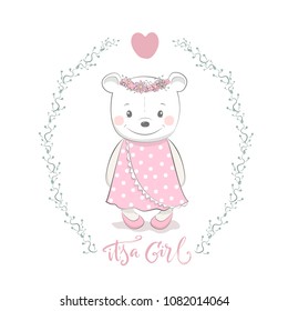 Cute vector illustration with bear baby for baby wear and invitation card with phrase "It's a Girl".