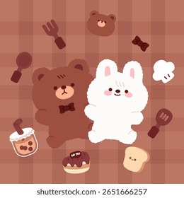 Ilustração vetorial bonito de um urso e coelho rodeado por doces, chá de bolha e ferramentas de cozinha. Perfeito para comida kawaii, padaria e conteúdo infantil.
