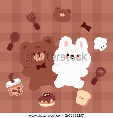 Cute vector illustration of a bear and bunny surrounded by sweets, bubble tea, and kitchen tools. Perfect for kawaii food, bakery, and children’s content.
