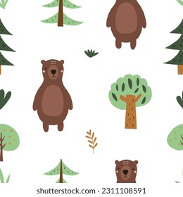 Cute vector illustration of a cute bear in the forest, hand drawn with trees in scandinavian style. Baby, baby illustrations.