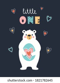 cute vector illustration with bear holding heart, white polar bear and lettering little one isolated on black background, scandinavian style
