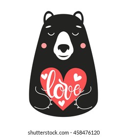 Cute vector illustration with bear holding a pink heart with word Love. Romantic greeting card with text. Valentines card with cartoon animal character.