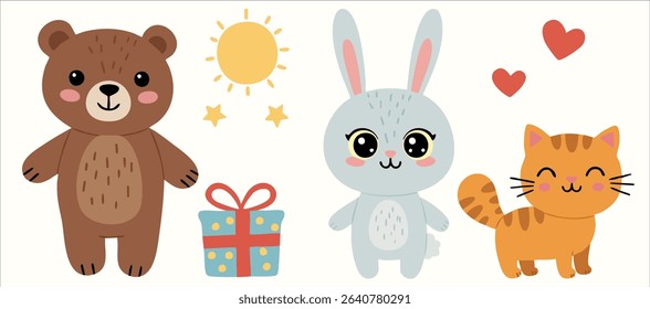 Ilustração vetor bonito de um urso, coelho e gato comemorando com um presente sob o sol. Esta cena encantadora cria uma atmosfera alegre e amigável. Perfeito para livros infantis, cartões de felicitações.