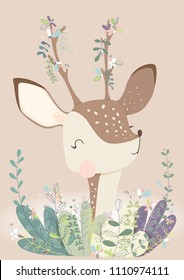 Cute vector illustration of beautiful deer standing in the leaves and flowers with decorated horns. Graphic hand-drawing animal for poster in a nursery room. Wallpaper, poster, banner concept