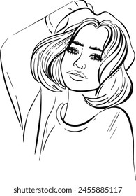Cute vector illustration Beautiful french girl. Young dreamy woman. For postcard, invitation, poster, cover. Black silhouette for circuit