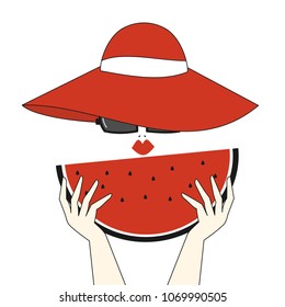 cute vector illustration with beautiful young woman with red hat, sunglasses and watermelon slice