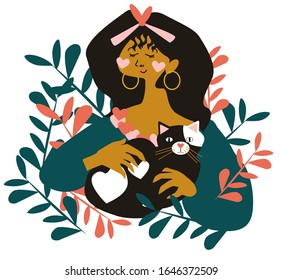 Dibujo vectorial de una bella joven marrón con un gato gracioso y amistoso negro y el patrón verde y rosa de la licencia de planta en el fondo