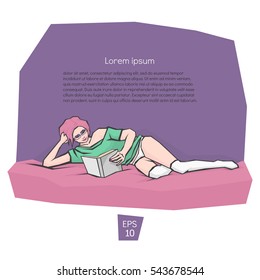 Cute vector illustration of beautiful young pink haired woman wearing glasses reading a book. Pastel colors with outline. Vector clip-art.