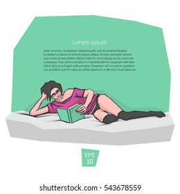 Cute vector illustration of beautiful young pink haired woman wearing glasses reading a book. Bright colors with outline, green, fuchsia. Vector clip-art.