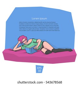 Cute vector illustration of beautiful young pink haired woman wearing glasses reading a book. Bright colors with outline, blue, fuchsia. Vector clip-art.