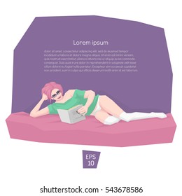 Cute vector illustration of beautiful young pink haired woman wearing glasses reading a book. Pastel colors. Vector clip-art.