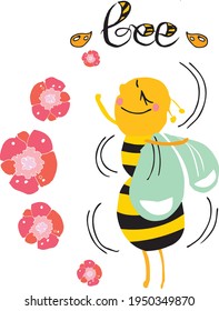 Cute vector illustration of a bee among pink flowers and handwritten lettering BEE. Summer set of pictures, suitable for patterns, postcards, children's books