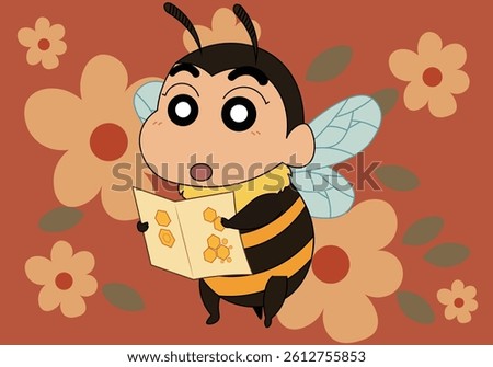 Cute vector illustration of a bee costume, holding a honeycomb map. Colorful floral background. Fun anime character art.
