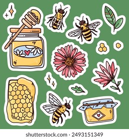 cute vector illustration of bees with flowers and honey jars. colorful hand drawn bee hive in flowers