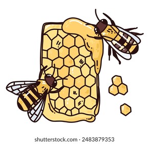 cute vector illustration of bees with honey. hand drawn cartoon art of organic honey